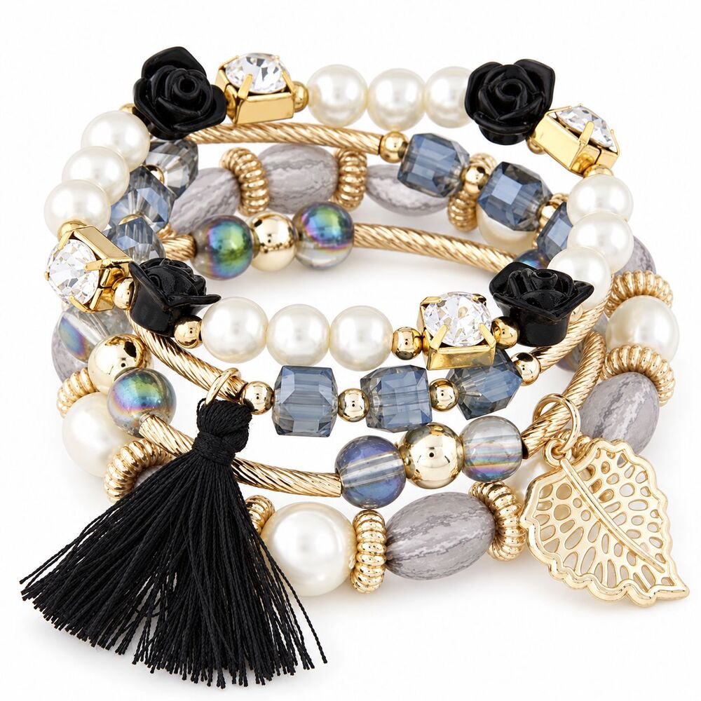Black White Gold Boho Layered Bracelet Set Faux Pearl Rose Tassel Crystal NEW